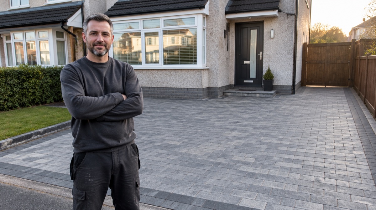 AI-made image of an invented tradesman standing beside a block-paved driveway
